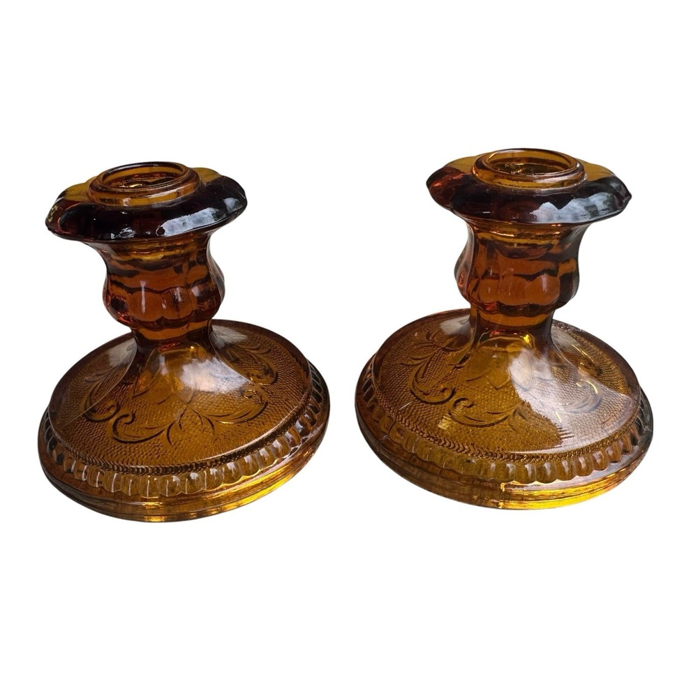Indiana Glass Tiara Sandwich Amber Taper Candle Stick Holders Set Lot of 2 - EUC